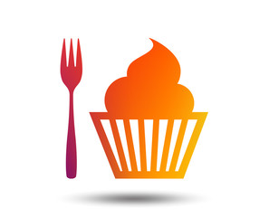 Eat sign icon. Dessert trident fork with muffin. Cutlery symbol. Blurred gradient design element. Vivid graphic flat icon. Vector
