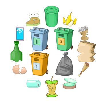 Garbage items icons set. Cartoon illustration of 16 garbage items vector icons for web