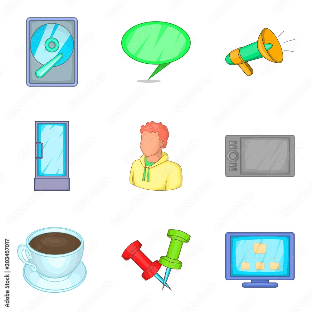 Poster work location icons set. cartoon set of 9 work location vector icons for web isolated on white backg
