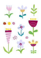 Set of cutout florals, summer time abstract pretty colorful flowers 