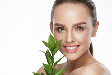 Natural Cosmetics For Skin. Beautiful Woman With Healthy Skin