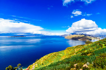View on remote landscape on Isla del Sol by Lake Titicaca - Bolivia