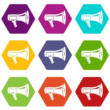 Megaphone icons 9 set coloful isolated on white for web