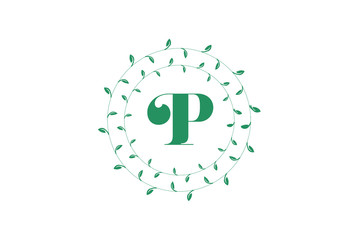 Letter P logo with round green leaves. Elegant floral monogram template design