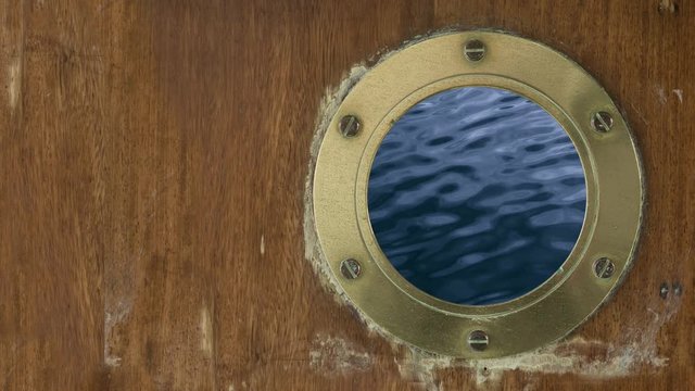 A Grungy Porthole On A Ship Or Boat With Slow Motion Waves And Copy Space