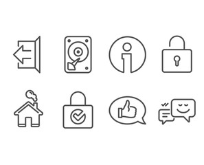 Set of Password encryption, Lock and Feedback icons. Hdd, Sign out and Happy emotion signs. Protection locker, Private locker, Speech bubble. Hard disk, Logout, Web chat. Vector