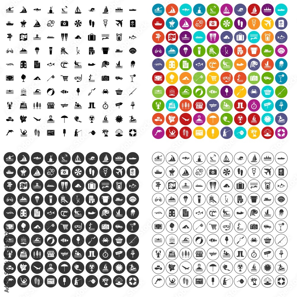 Poster 100 water recreation icons set vector in 4 variant for any web design isolated on white