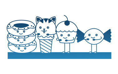 delicious donuts and ice cream and cup cake kawaii character vector illustration design