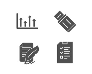 Set of Upper arrows, Feather signature and Usb flash icons. Interview sign. Growth infochart, Feedback, Memory stick. Checklist file.  Quality design elements. Classic style. Vector