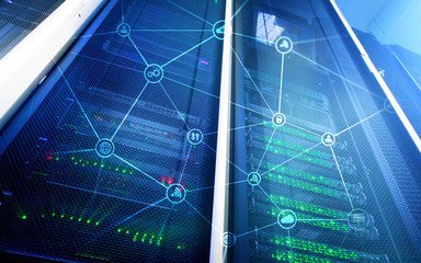 Telecommunication concept with abstract network structure and server room background.?
