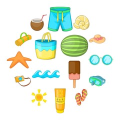 Summer items icons set. Cartoon illustration of 16 summer items vector icons for web
