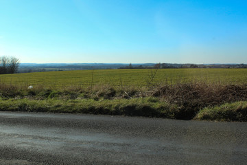 Country road with farmland in the background