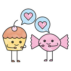 kawaii cupcake and candy smiling love cartoon vector illustration
