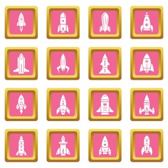Rocket icons set vector pink square isolated on white background 