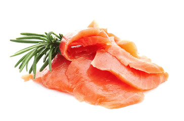 Fresh sliced salmon fillet with rosemary on white background