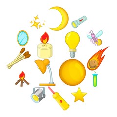 Sources of light icons set. Cartoon illustration of 16 sources of light vector icons for web
