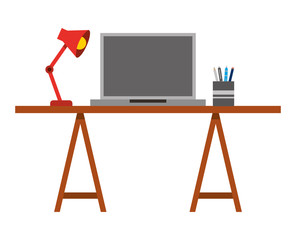 laptop computer with desk and lamp vector illustration design