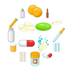 Medicine drugs icons set. Cartoon illustration of 16 medicine drugs vector icons for web