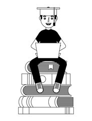 young graduate boy sitting on a stack of books vector illustration