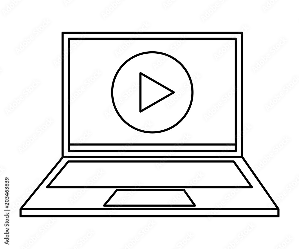 Poster laptop device with video player button on screen vector illustration