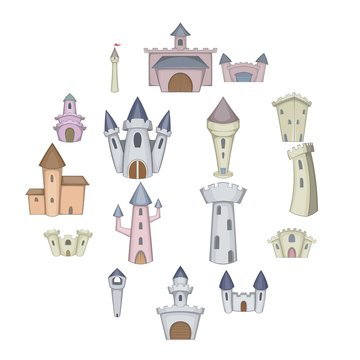 Castle tower icons set. Cartoon illustration of 16 castle tower vector icons for web