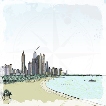 Watercolor sketch of monorail ride view from window at The Palm Jumeirah skyscrapers at Dubai Marina. Media City and beach coast with luxury yachts and sand beaches at United Arab Emirates. Vector.