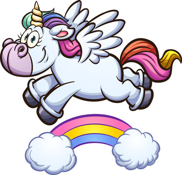 Cartoon unicorn flying over rainbow. Vector clip art illustration with simple gradients. Unicorn and rainbow on separate layers. 