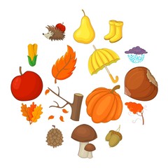 Autumn items icons set. Cartoon illustration of 16 autumn items vector icons for web