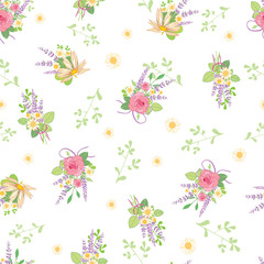 Fototapeta na wymiar Pink roses bouquets ditsy vintage seamless pattern. Great for retro summer fabric, scrapbooking, giftwrap, and wallpaper design projects. Surface pattern design.