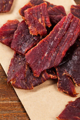 Beef Jerky Background. Selective focus.