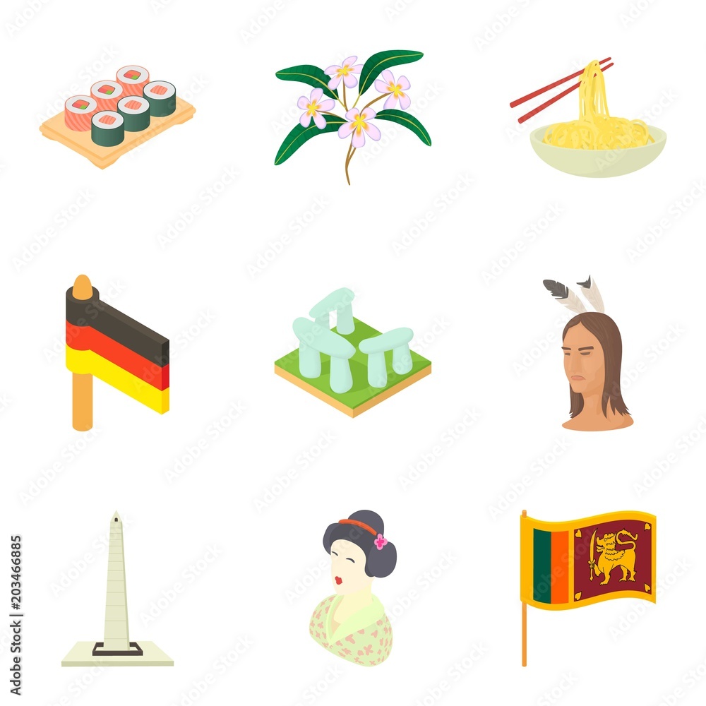 Poster multinational icons set. cartoon set of 9 multinational vector icons for web isolated on white backg