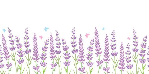 Lavender flowers frame border seamless pattern. Beautiful violet lavender flowers retro background and borders. Elegant fabric on light background. Surface pattern design.
