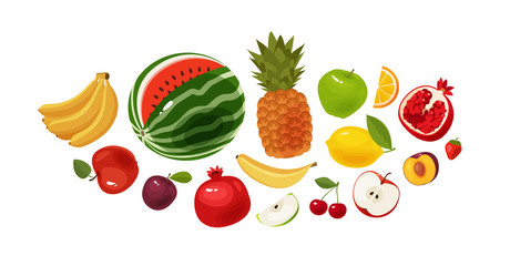 Fresh fruit, banner. Food, icon set. Cartoon vector illustration