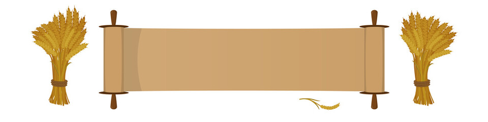 Happy Shavuot Jewish holiday greeting banner. Scroll and sheaves of wheat