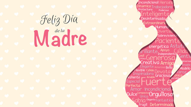 Feliz Dia de la Madre, Happy Mother's Day in Spanish language, greeting card. Pink silhouette of pregnant woman with a cloud of words inside on a yellow background with hearts. With copy space