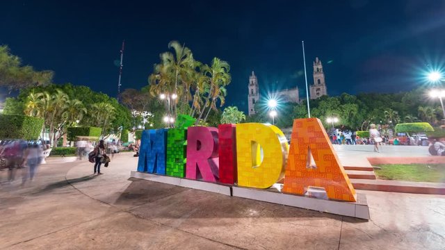 Merida, Mexico, City Center Sign, Night Crowd Timelapse Video