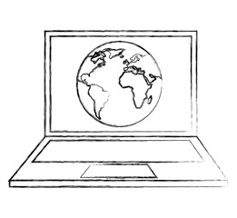 world map on screen laptop geography vector illustration sketch