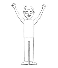 young man standing character arms up vector illustration sketch
