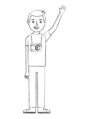 young man standing with photographic camera vector illustration sketch