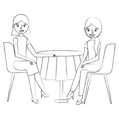 young women sitting at the table in chairs vector illustration sketch