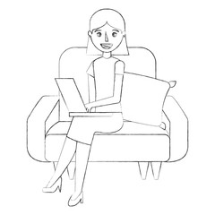 young woman with laptop sitting in the sofa vector illustration sketch