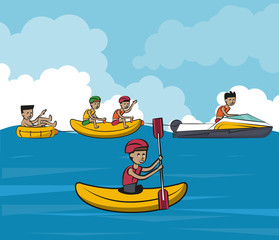 People on summer practicing differents water sports cartoon vector illustration graphic design