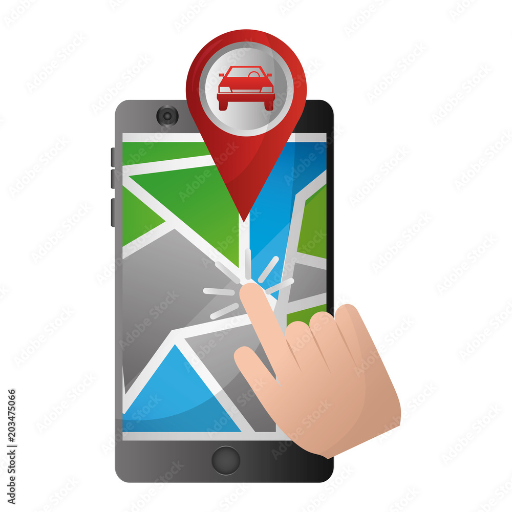 Poster hand clicking pointer map car location vector illustration