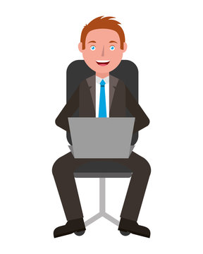 businessman with laptop sit in office chair vector illustration