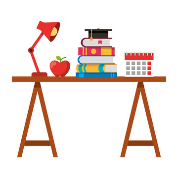 school desk stacked books calendar apple and lamp vector illustration