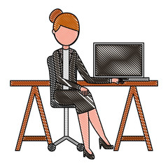 young woman sitting at the desk with laptop vector illustration drawing