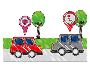 red and gray cars on street with mobile gps navigation pins vector illustration drawing