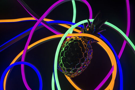 Pineapple covered in neon lights - Powered by Adobe