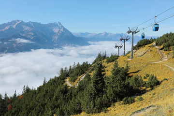 Panoramic view of magnificent Mountain Zugspitze from top of Mount Wank in Garmisch Partenkirchen,...
