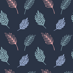 Leaf seamless pattern. Botanical vector background with blue and pink leaves